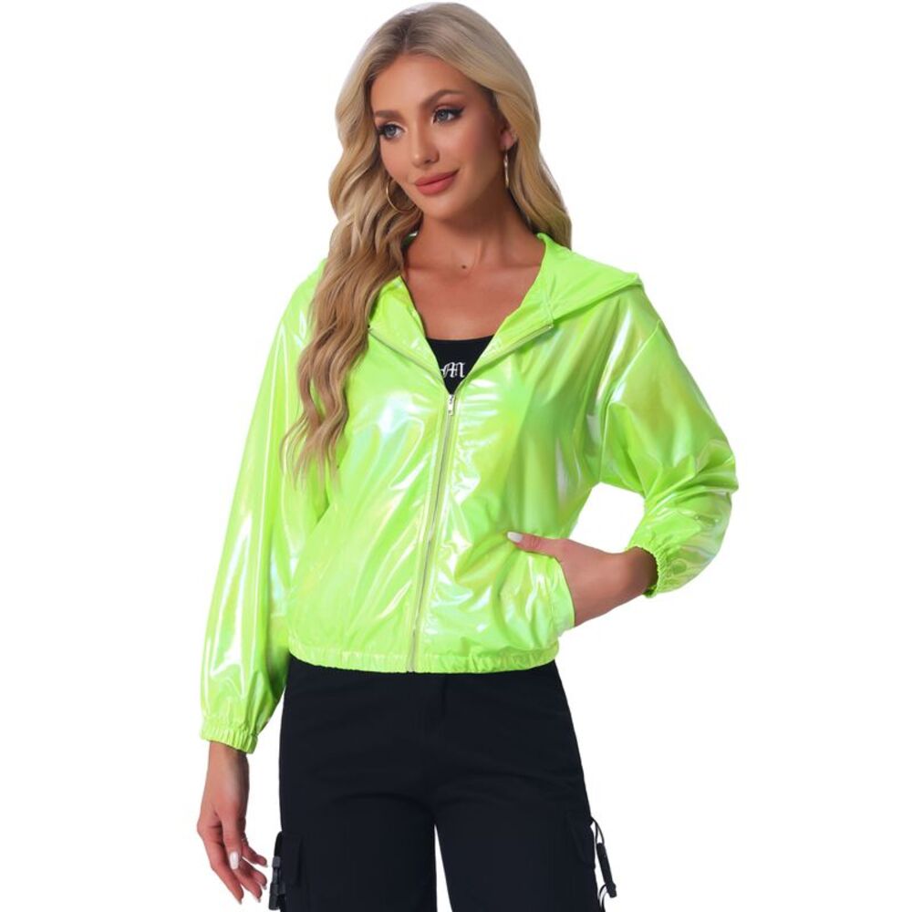 Holographic Party Lightweight Zipper Hooded Metallic Jacket Fluorescent Green